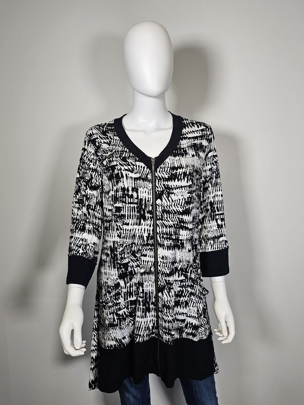 Diane Kennedy Black & White Patterned Zip-Front Tunic Top Sz M